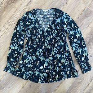 beachlunchlounge Talia Tunic Smocked V-neck long sleeve ruffle hem raw edge L-XL